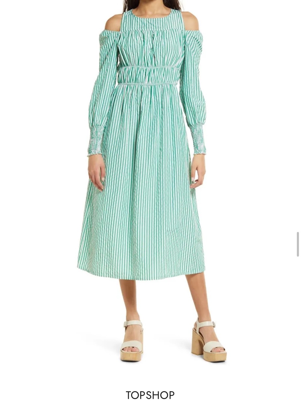 TOPSHOP Mint Green & White Striped Cold-Shoulder Midi Skirt
